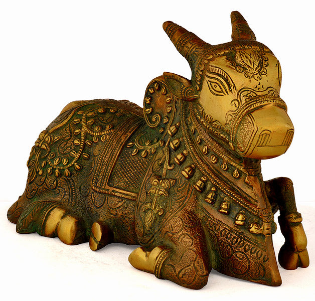 Auspicious Nandi Bull Statue In Brass 9"