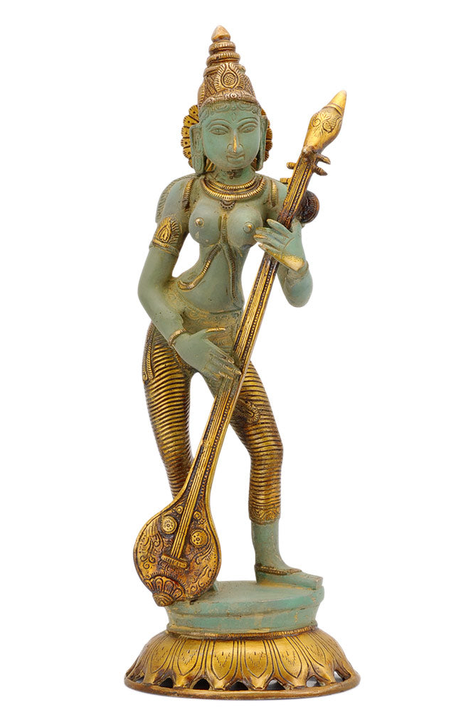 Brass Goddess Saraswati - Rustic Bronze Finish Sculpture