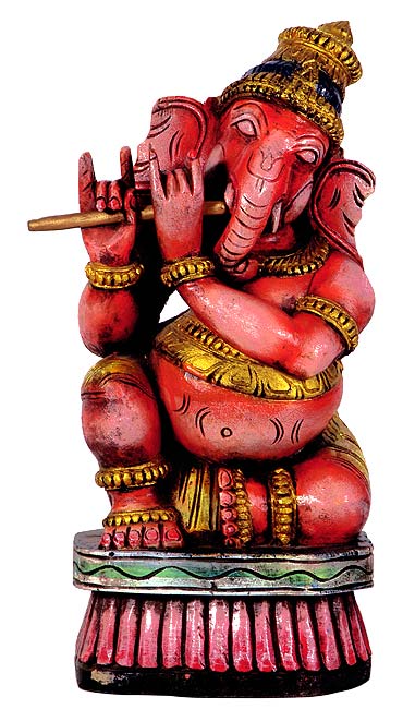 Ganesha as Flute Player - Wood Statuette