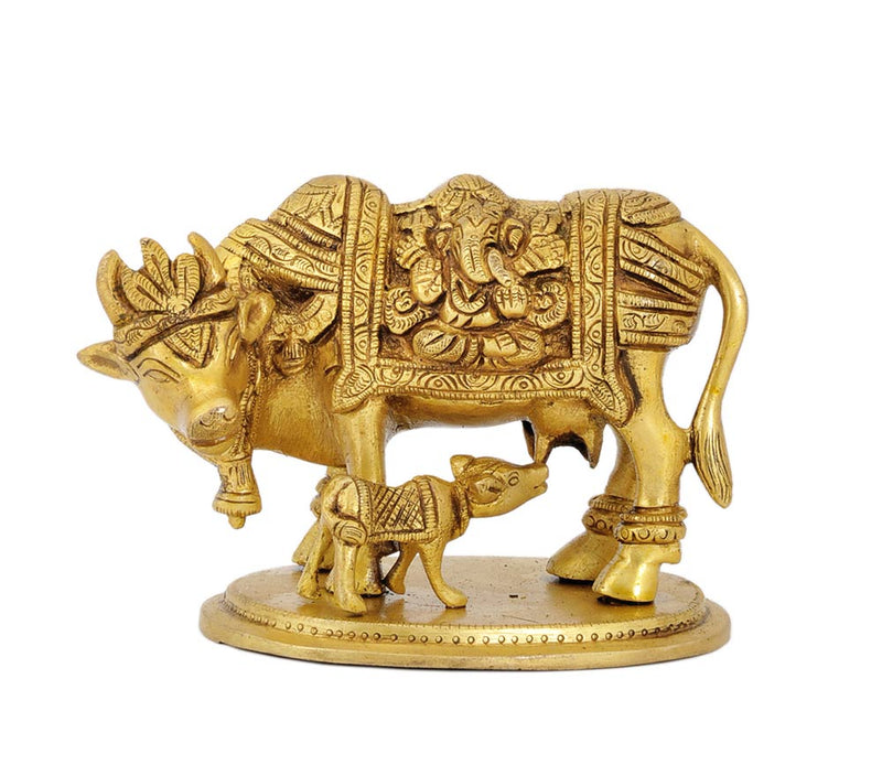 Cow with her Calf Wearing Laxmi Ganesh Carved Over Cloth