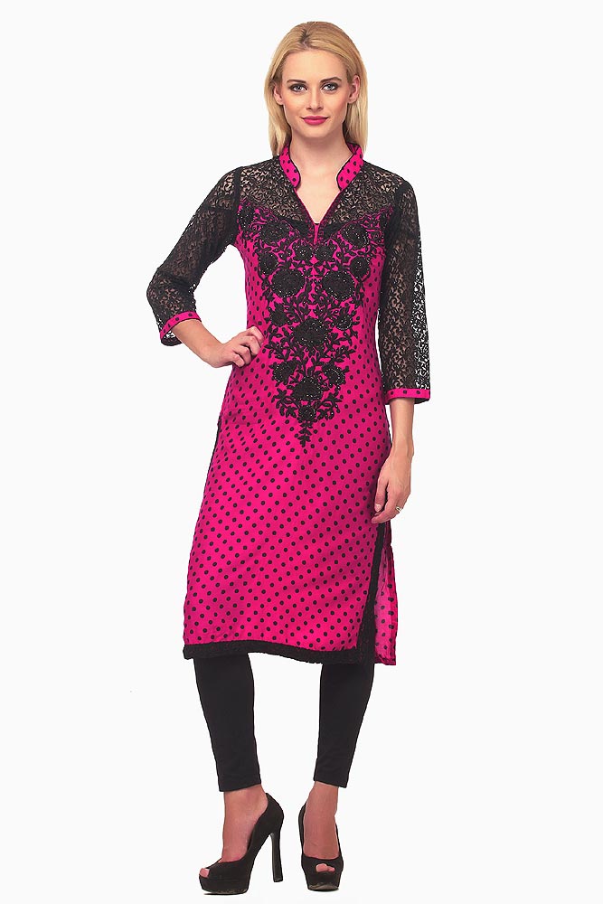Fuchsia Kurta with Black Net 3/4th Sleeves