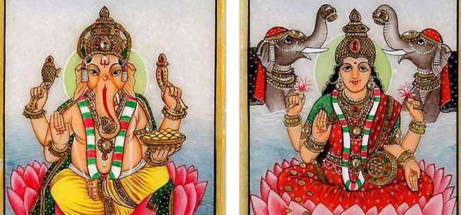 Laxmi & Ganesha - Set of 2 Marble Paintings