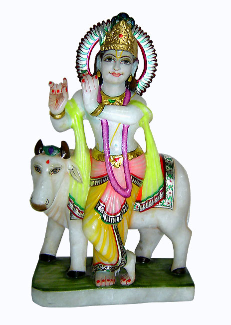 Krishna with Cow - Marble Sculpture 15"
